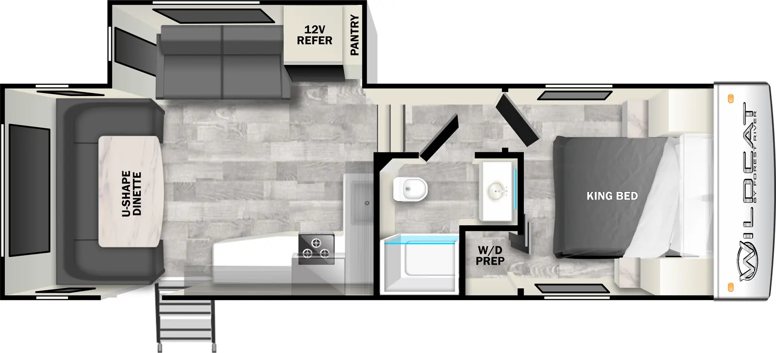 The 26RD has one slideout and one entry. Interior layout front to back: foot-facing king bed with door side washer/dryer prep; door side full bathroom; steps down to main living area; off-door side slideout with pantry, 12V refrigerator, and seating; kitchen counter with sink wraps from inner wall to door side with cooktop, and entry; rear u-shape dinette.